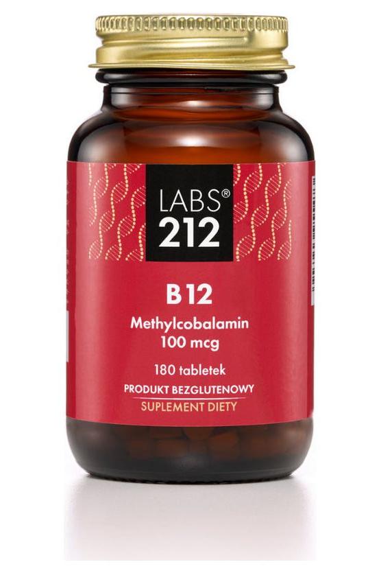 Labs212 B12 Methylcobalamin 100 mcg dietary supplement bottle with 180 tablets for energy and nerve support.