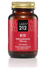 Labs212 B12 Methylcobalamin 100 mcg dietary supplement bottle with 180 tablets for energy and nerve support.