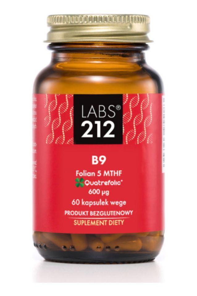 Labs212 B9 Folate 5-MTHF supplement with 60 vegan capsules in a brown bottle, supporting nervous and mental functions.