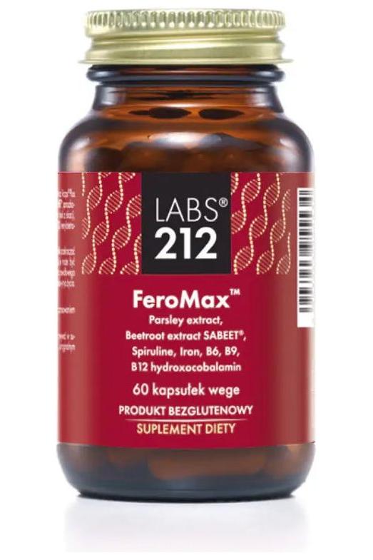 Labs212 FeroMax dietary supplement bottle, featuring 60 capsules for blood health support.