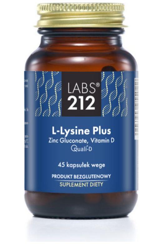 Labs212 L-Lysine Plus supplement bottle with Zinc Gluconate and Vitamin D, 45 capsules, gluten-free.
