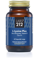 Labs212 L-Lysine Plus supplement bottle with Zinc Gluconate and Vitamin D, 45 capsules, gluten-free.