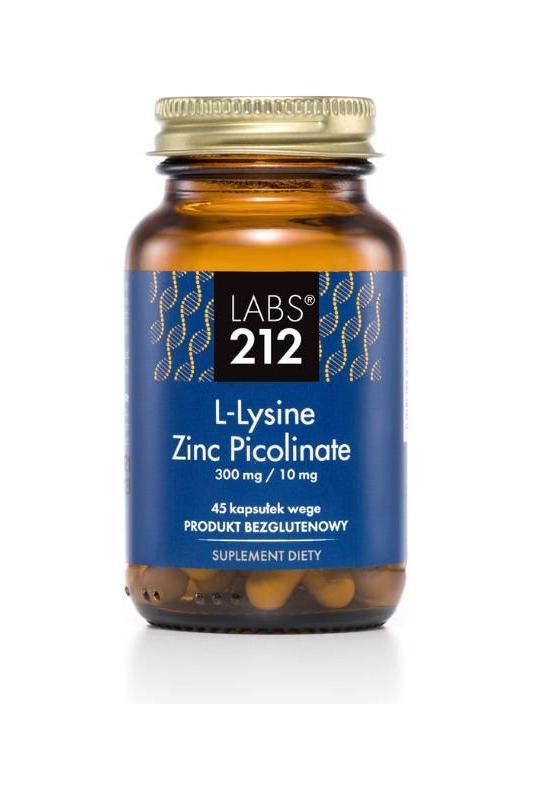 Labs212 L-Lysine Zinc Picolinate bottle, 45 caps, supports immunity and overall health.