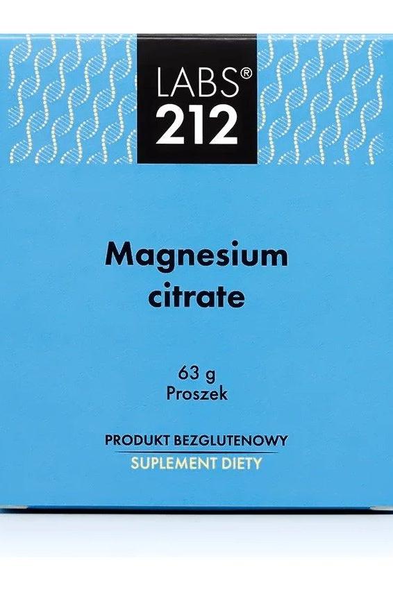 Labs212 Magnesium Citrate supplement packaging, 63 g, gluten-free, dietary powder.