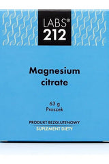 Labs212 Magnesium Citrate supplement packaging, 63 g, gluten-free, dietary powder.