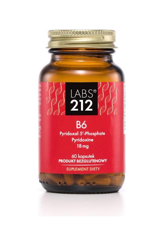 Labs212 Vitamin B6 Pyridoxal 5'-Phosphate supplement bottle with 60 capsules for nerve support and homocysteine regulation.