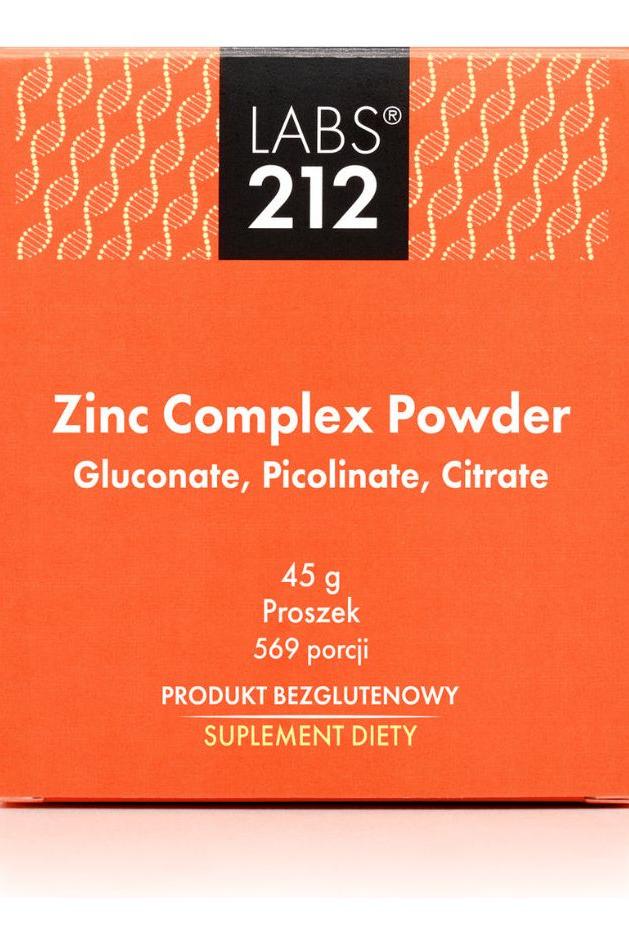 Labs212 Zinc Complex Powder packaging featuring Gluconate, Picolinate, Citrate in 45 g, dietary supplement.