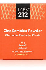 Labs212 Zinc Complex Powder packaging featuring Gluconate, Picolinate, Citrate in 45 g, dietary supplement.