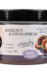 Levann Hazelnut & Cocoa Spread jar, crunchy texture, vegan, gluten-free, no peanuts, no palm oil, no sugar added.