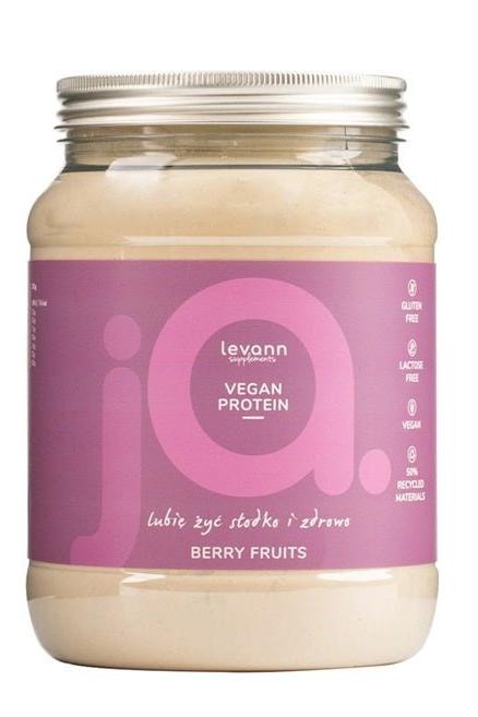 Levann jA Vegan Protein powder in Berry Fruits flavor, gluten-free and lactose-free, packed in a stylish jar.