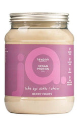 Levann jA Vegan Protein powder in Berry Fruits flavor, gluten-free and lactose-free, packed in a stylish jar.