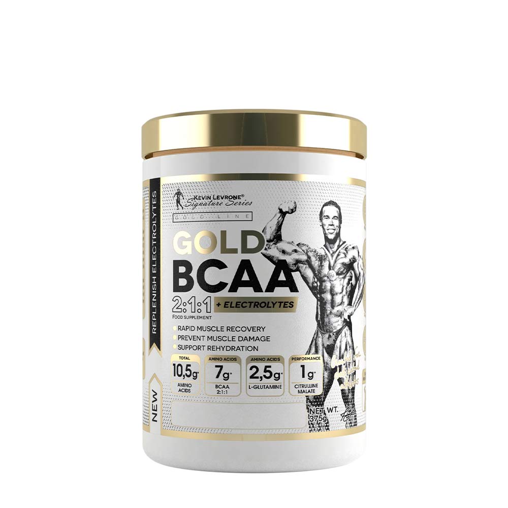 Kevin Levrone Gold BCAA 2:1:1 supplement tub, designed for muscle recovery and hydration, with BCAAs and electrolytes.