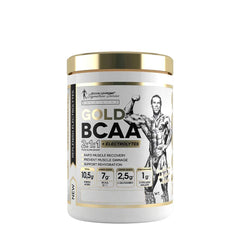 Kevin Levrone Gold BCAA 2:1:1 supplement tub, designed for muscle recovery and hydration, with BCAAs and electrolytes.
