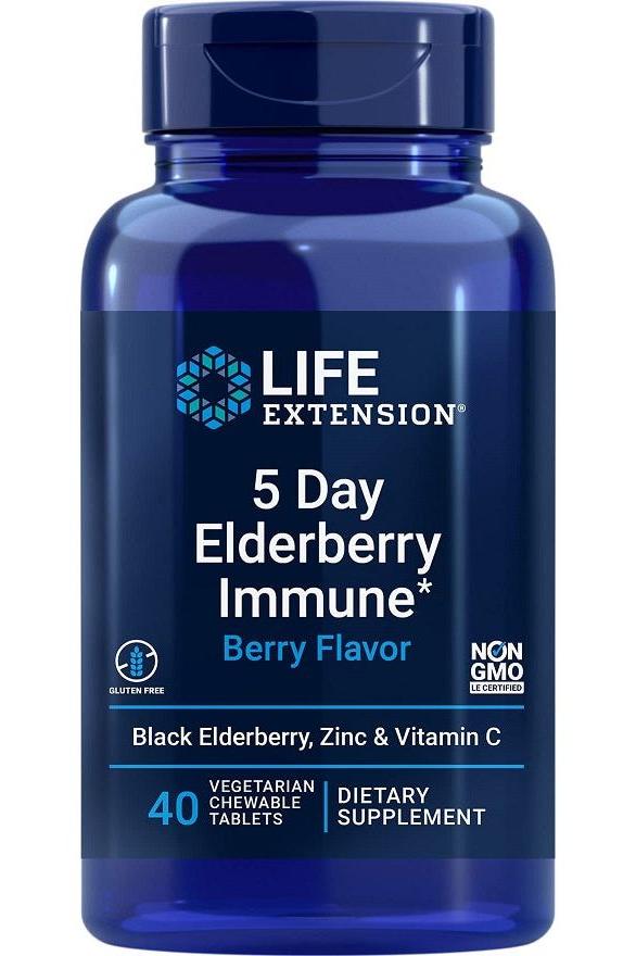 Life Extension 5 Day Elderberry Immune dietary supplement bottle with zinc and vitamin C, berry flavor, 40 tablets.