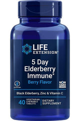 Life Extension 5 Day Elderberry Immune dietary supplement bottle with zinc and vitamin C, berry flavor, 40 tablets.