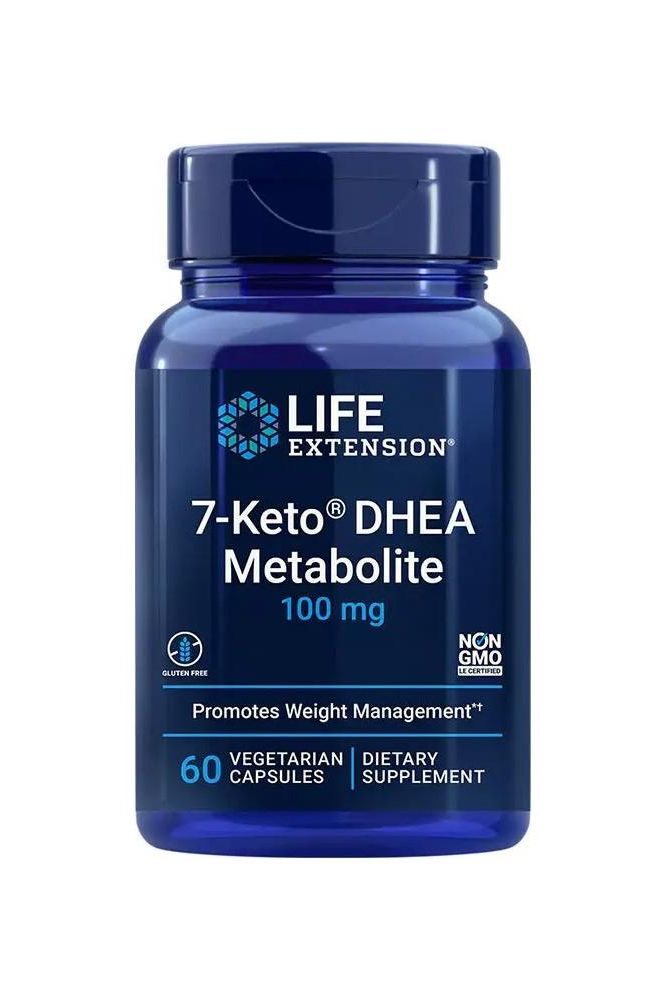 Life Extension 7-Keto DHEA Metabolite 100 mg dietary supplement, 60 vegetarian capsules for weight management.
