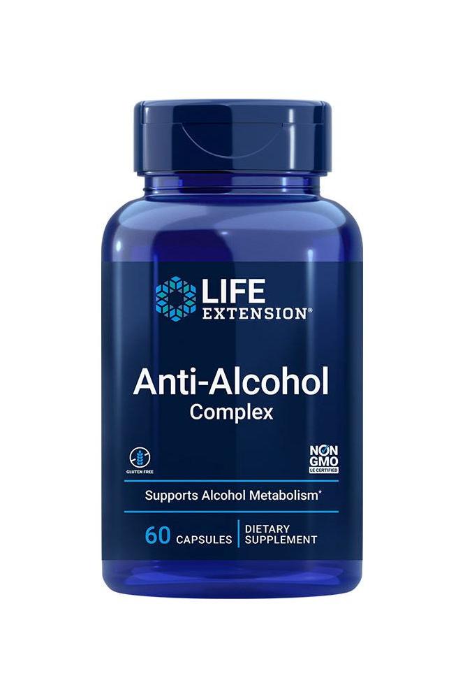 Life Extension Anti-Alcohol Complex dietary supplement bottle with 60 capsules for optimal liver support.