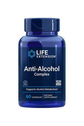 Life Extension Anti-Alcohol Complex dietary supplement bottle with 60 capsules for optimal liver support.