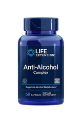 Life Extension Anti-Alcohol Complex dietary supplement bottle with 60 capsules for optimal liver support.