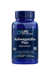 Life Extension Ashwagandha Plus Calm & Focus dietary supplement bottle with 60 vegetarian capsules.