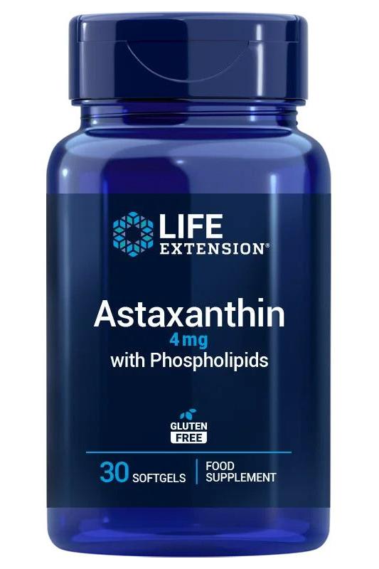 Life Extension Astaxanthin 4mg with Phospholipids supplement bottle, gluten-free, 30 softgels.