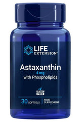 Life Extension Astaxanthin 4mg with Phospholipids supplement bottle, gluten-free, 30 softgels.