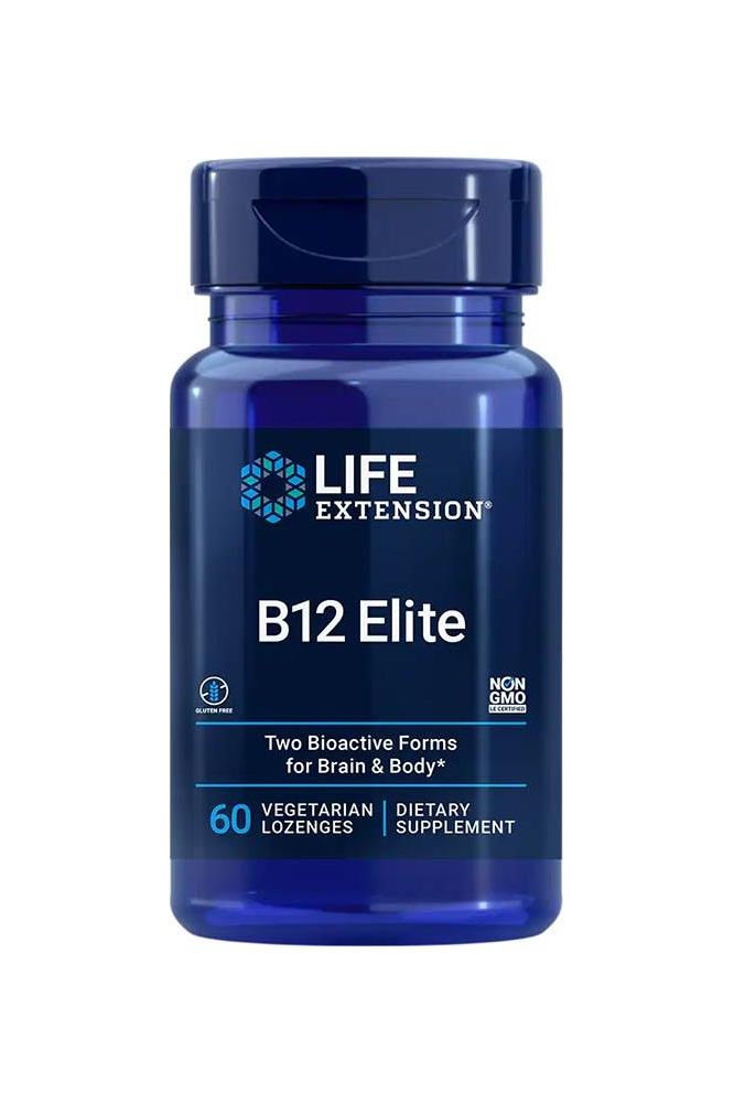 Life Extension B12 Elite supplement bottle with 60 vegetarian lozenges for brain health and vitality.