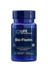 Life Extension Bio-Fisetin dietary supplement bottle, featuring 30 vegetarian capsules with enhanced bioavailability.