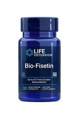 Life Extension Bio-Fisetin dietary supplement bottle, featuring 30 vegetarian capsules with enhanced bioavailability.