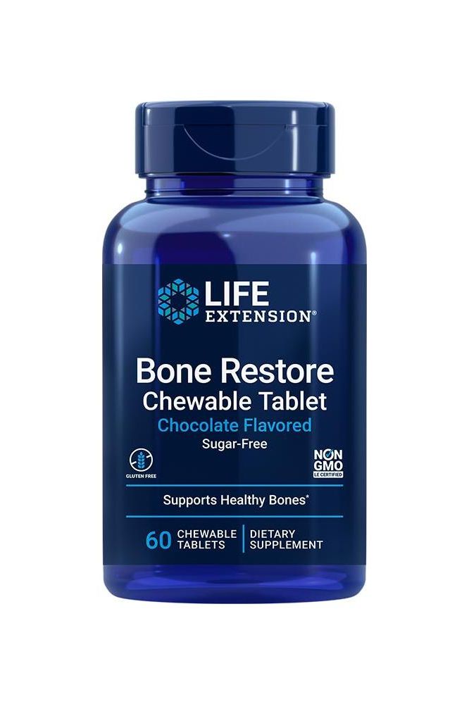 Life Extension Bone Restore Chewable Tablets, chocolate flavor, sugar-free, supports healthy bones, 60 count bottle. Life Extension Bone Restore Chewable Tablets, chocolate flavor, sugar-free, supports healthy bones, 60 count bottle.