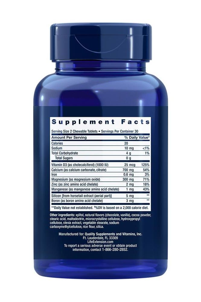 Supplement facts for Life Extension Bone Restore chewable tablets, showing nutritional information and ingredients. Supplement facts for Life Extension Bone Restore chewable tablets, showing nutritional information and ingredients.