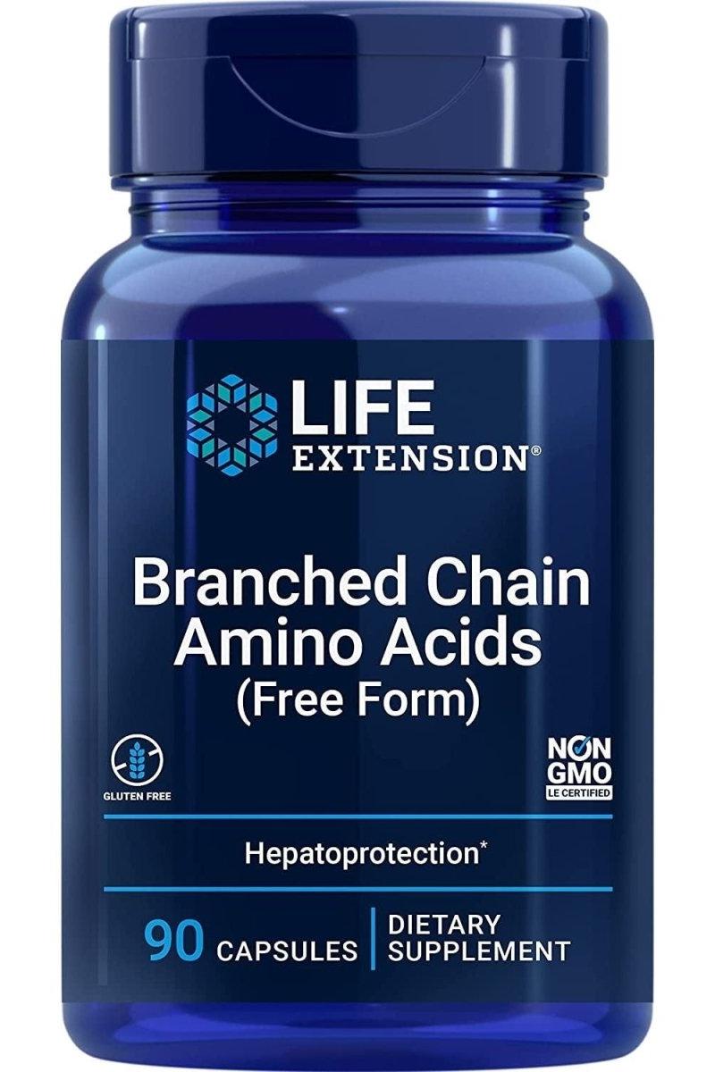 Life Extension Branched Chain Amino Acids bottle, 90 capsules, dietary supplement for muscle recovery and liver health.