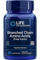 Life Extension Branched Chain Amino Acids bottle, 90 capsules, dietary supplement for muscle recovery and liver health.