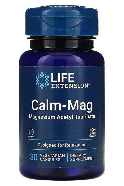 Life Extension Calm-Mag magnesium supplement bottle for relaxation, 30 vegetarian capsules.