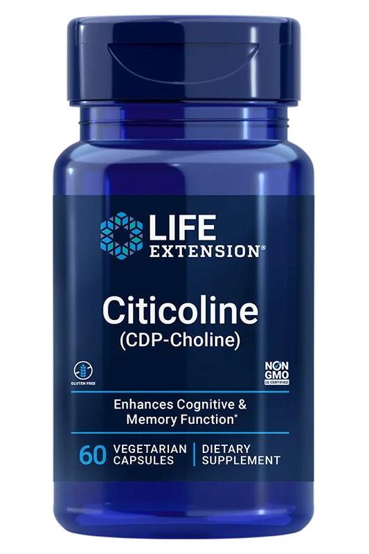 Life Extension Citicoline CDP-Choline 250 mg supplement bottle, enhances cognitive and memory function, 60 vegetarian capsules.