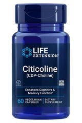 Life Extension Citicoline CDP-Choline 250 mg supplement bottle, enhances cognitive and memory function, 60 vegetarian capsules.
