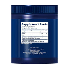 Supplement facts for Life Extension Collagen Peptides, detailing serving size, calories, and collagen types.