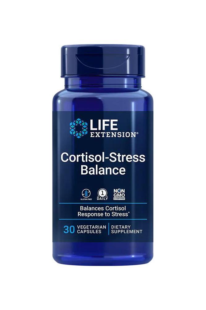 Life Extension Cortisol-Stress Balance bottle, 30 vegetarian capsules for managing stress responses.