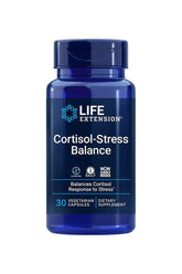 Life Extension Cortisol-Stress Balance bottle, 30 vegetarian capsules for managing stress responses.