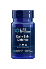Life Extension Daily Skin Defense supplement bottle with 30 vegetarian capsules for healthy skin protection.