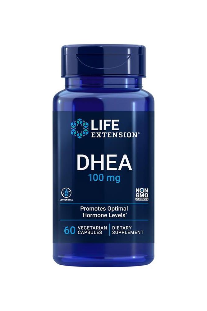 Life Extension DHEA 100 mg dietary supplement in a blue bottle with 60 vegetarian capsules.