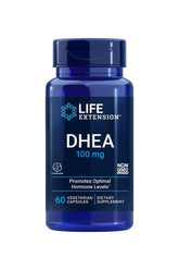 Life Extension DHEA 100 mg dietary supplement in a blue bottle with 60 vegetarian capsules.