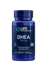 Life Extension DHEA 100 mg dietary supplement in a blue bottle with 60 vegetarian capsules.