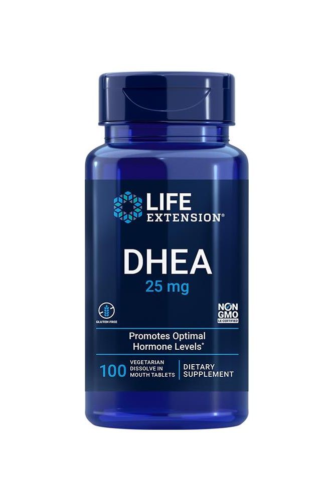 Life Extension DHEA 25 mg dissolve-in-mouth tablets, 100 count for optimal hormone levels support.