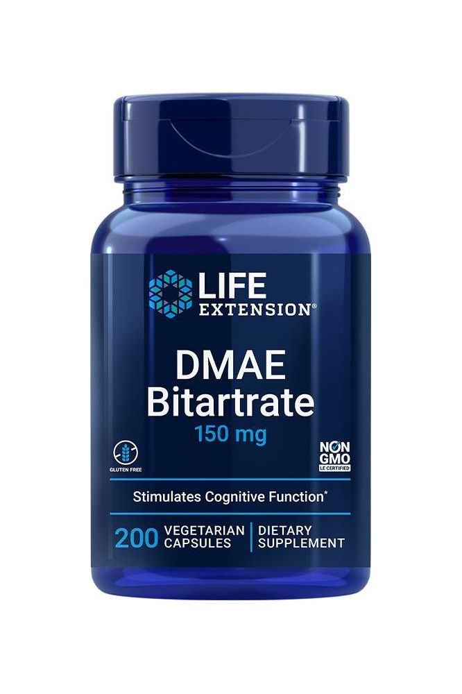 Life Extension DMAE Bitartrate 200 Veg Capsules bottle for cognitive support and youthful brain function.