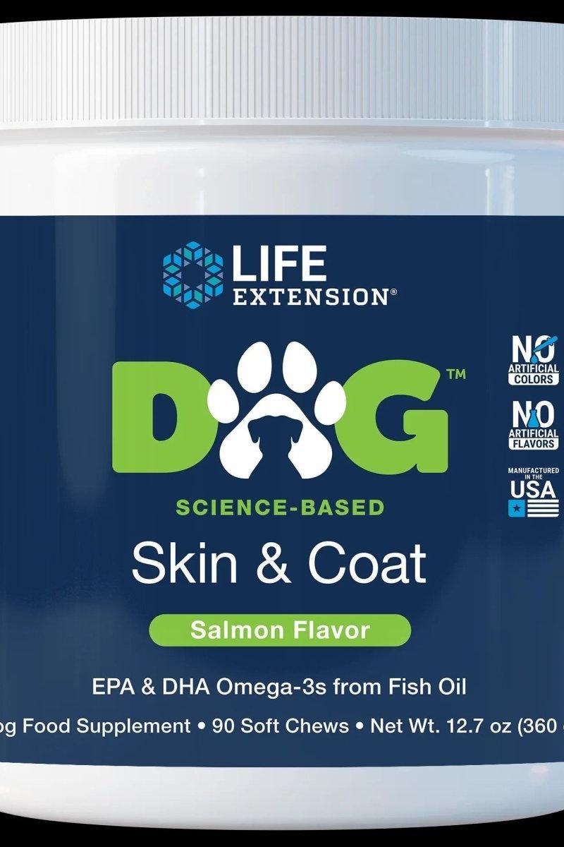 Life Extension Dog Skin & Coat supplement for healthy skin and coat, salmon flavor, with omega-3s from fish oil.