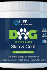 Life Extension Dog Skin & Coat supplement for healthy skin and coat, salmon flavor, with omega-3s from fish oil.