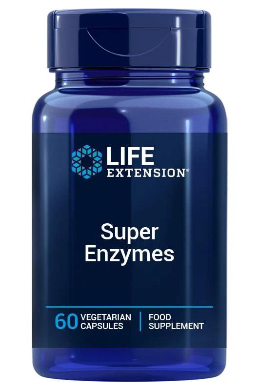 Life Extension Super Enzymes dietary supplement bottle with 60 vegetarian capsules for digestion support.