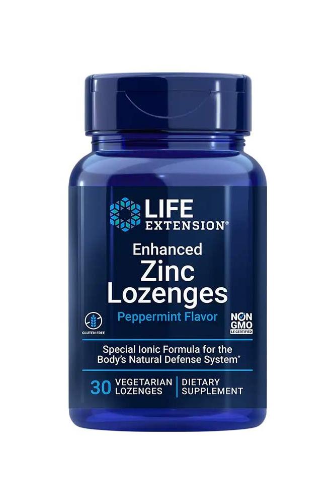 Life Extension Enhanced Zinc Lozenges in a blue container, peppermint flavor, supports immune health and dietary supplement, 30 count.