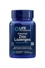 Life Extension Enhanced Zinc Lozenges in a blue container, peppermint flavor, supports immune health and dietary supplement, 30 count.
